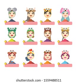 Horoscope- twelve woman wearing animal hats.