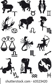 Horoscope vector brushes. Zodiac signs silhouettes. Horoscope symbol set on white background.