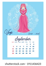 Horoscope Vertical calendar for 2022 with female zodiac signs, week starts on Sunday. A4 format. Zodiac signs: Capricorn, Aquarius, Aries, Pisces, Virgo, Libra, Scorpio, Sagittarius, Taurus