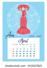 Horoscopio Calendario vertical para 2022 con signos de zodiaco femenino, la semana comienza el domingo. Formato A4. Signos de zodiaco: Capricornio, Aquarius, Aries, Pisces, Virgo, Libra, Scorpio, Sagittarius, Tauro