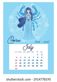 Horoscopio Calendario vertical para 2022 con signos de zodiaco femenino, la semana comienza el domingo. Formato A4. Signos de zodiaco: Capricornio, Aquarius, Aries, Pisces, Virgo, Libra, Scorpio, Sagittarius, Tauro