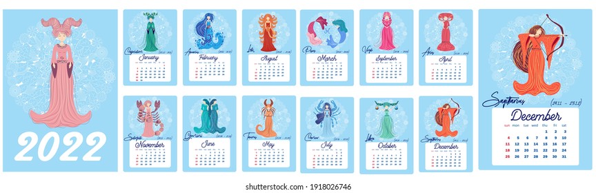 Horoscopio Calendario vertical para 2022 con signos de zodiaco femenino, la semana comienza el domingo. Formato A4. Signos de zodiaco: Capricornio, Aquarius, Aries, Pisces, Virgo, Libra, Scorpio, Sagittarius, Tauro