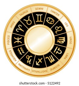 Horoscope Wheel: 12 astrological signs of the Zodiac in gold circle with labels: Aquarius, Aries, Cancer, Capricorn, Gemini, Leo, Libra, Pisces, Sagittarius, Scorpio, Taurus, Virgo. EPS8 compatible.