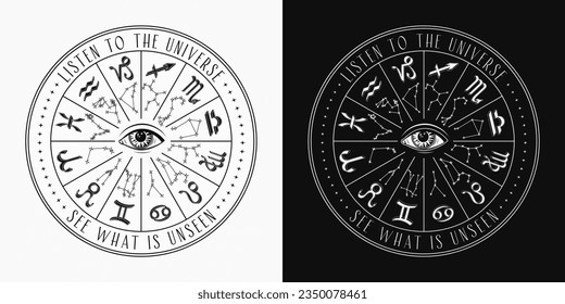 Horoscope wheel with constellation, zodiac signs, all seeing, third eye in centre. Text Listen to Universe. Mystical astrological monochrome illustration in vintage style.