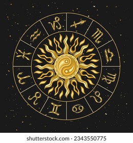 Horoscope wheel with golden shiny zodiac signs, sun with yin yang symbol in centre. Mystical astrological illustration in vintage style.
