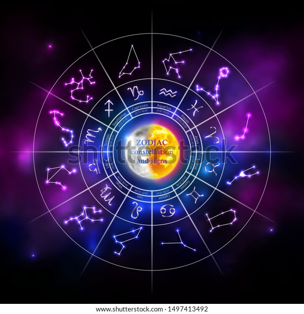 星座と星座を持つ星座車輪 神秘的な星占いカレンダー ぼかした宇宙の背景に十二支の記号 占いと占星術の予測ベクターイラスト のベクター画像素材 ロイヤリティフリー