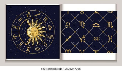 Roda do horóscopo com eclipse solar, padrão geométrico sem costura com ícones dourados de todos os signos do zodíaco, estrelas. Plano de fundo da grade de rede geométrica quadrada clássica. Conceito místico esotérico.