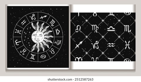 Roda do horóscopo com eclipse solar, padrão geométrico perfeito com ícones de todos os signos do zodíaco, estrelas. Plano de fundo da grade de rede geométrica quadrada clássica. Conceito místico esotérico.