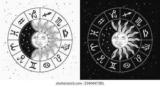 Rueda de horóscopo con signos de zodiaco, eclipse de sol con luna creciente en el centro. Ilustración astrológica mística al estilo vintage.