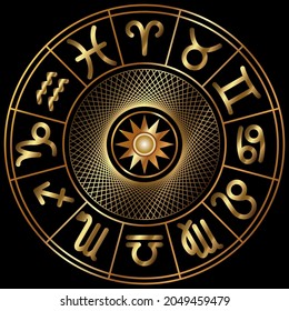 Horoscope wheel. Zodiacal circle on the black background