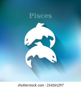 Horoscope zodiac 3d sign Pisces, on modern blurry blue background