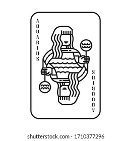 Horoscope Zodiac Aquarius Playing Card Models, Line Art Style, Blak and White Logo Vector Illustration