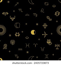 Horoscope Zodiac Black Seamless Pattern. Vector Line Illustration of Gold Backcground.