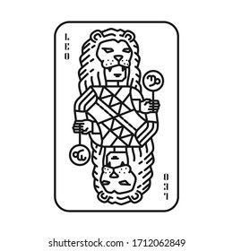 Horoscope Zodiac Leo Playing Card Models, Line Art Style, Blak and White Logo Vector Illustration