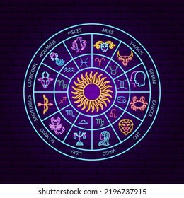 Horoscope Zodiac Neon Circle. Vector Illustration of Astrology Promotion.