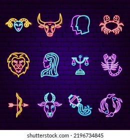 Horoscope Zodiac Neon Icons. Vector Illustration of Astrology Promotion.