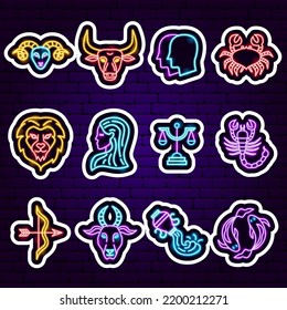 Horoscope Zodiac Neon Stickers. Vector Illustration of Asia Promotion.