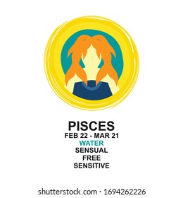 Horoscope Zodiac Pisces Flat Design Logo Vector Illustration