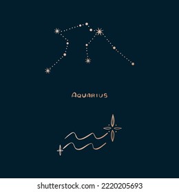 Horoscope, zodiac sign aquarius in constellation style with line and stars on dark background. Collection of zodiac symbols, set of constellations of stars.