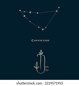 Horoscope, zodiac sign Capricorn in constellation style with line and stars on dark background. Collection of zodiac symbols, set of constellations of stars.