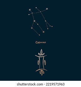 Horoscope, zodiac sign gemini in constellation style with line and stars on dark background. Collection of zodiac symbols, set of constellations of stars.