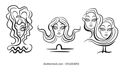 horoscope zodiac signs aquarius libra gemini line drawing calligraphy