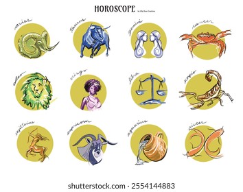 Horoscope zodiac signs, astrological symbols, hand drawn, whimsical, original, complete set