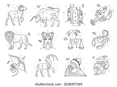 Horoscope zodiac signs, astrology constellations symbols. Lion, pisces, capricorn, libra, cancer, sagittarius astrological sign vector set. Hand drawn sky symbols isolated on white