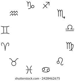 Horoscope zodiac signs. Astronomical twelve zodiac signs. Horoscope wheel. Circle astrology hand drawn elements. Vector illustration isolated on white background 
