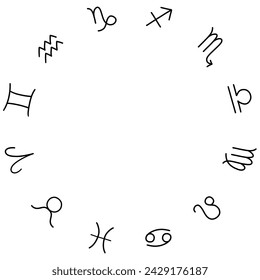 Horoscope zodiac signs. Astronomical twelve zodiac signs. Horoscope wheel. Circle astrology hand drawn elements. Vector illustration isolated on white background 