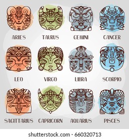 Horoscope. Zodiac signs in ethnic style.Set of vector zodiac signs in a hand drawn style. Zodiac mask