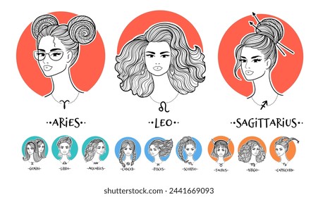 Horoscope zodiac signs girls.  Vector illustrations of beautiful women. 