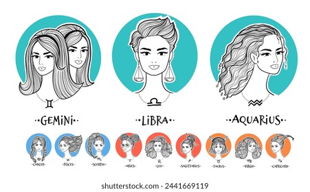 Horoscope zodiac signs girls. Vector illustrations collections
of beautiful women portraits.