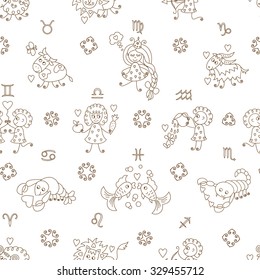 Horoscope. Zodiac Signs Seamless pattern. Funny characters zodiac signs with hearts  - vector illustration