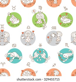 Horoscope. Zodiac Signs Seamless pattern. Funny characters zodiac signs with hearts  - vector illustration