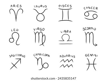 Horoscope zodiac signs set. Astronomical twelve zodiac signs. Horoscope collection. Astrology hand drawn elements. Vector illustration hand drawing isolated on white background