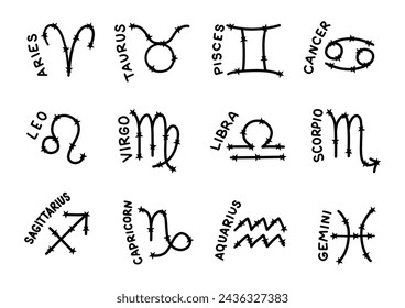 Horoscope zodiac signs set. Astronomical twelve zodiac signs. Horoscope collection. Astrology hand drawn elements. Vector illustration hand drawing isolated on white background