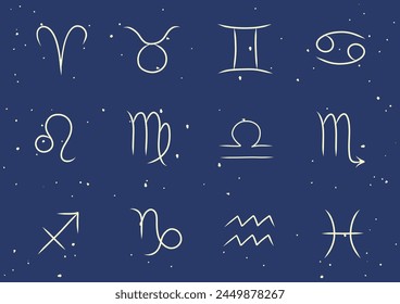 Horoscope zodiac signs set. Astronomical twelve zodiac signs. Horoscope collection. Astrology hand drawn elements. Vector illustration hand drawing isolated on blue background