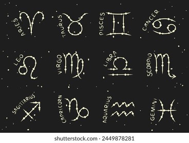 Horoscope zodiac signs set. Astronomical twelve zodiac signs. Horoscope collection. Astrology hand drawn elements. Vector illustration hand drawing isolated on black background