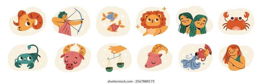 Horoscope zodiac signs set. Vector in flat style, astrological earth element symbol, set of doodles of virgo and libra, aries and gemini, leo and taurus, pisces and sagittarius, scorpio and capricorn