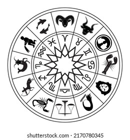 Horoscope Zodiac signs and symbols in circle drawinig in black and white vector