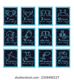Horoscope Zodiac signs and symbols included name and period drawing in vector