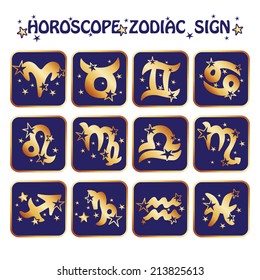 Horoscope zodiac signs. Twelve characters with stars in  icons style. Gold and blue.Design for web and mobile. Vector illustration