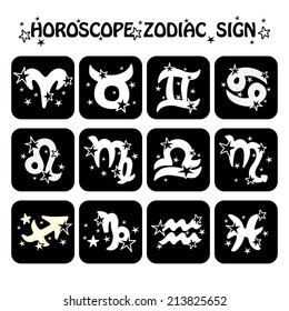 Horoscope zodiac signs. Twelve characters with stars in Flat icons style. Black and white.Design for web and mobile. Vector illustration
