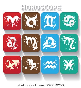 Horoscope zodiac signs. Twelve characters with stars in  icons style with long shadow. The symbol of the four elements.Design for web and mobile. Vector illustration