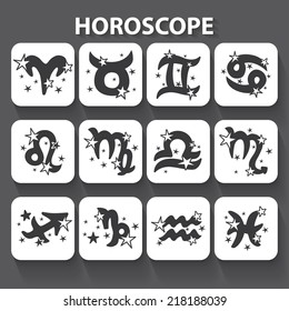 Horoscope zodiac signs. Twelve sign with stars in  icons with long shadow.Design for web and mobile. Vector illustration