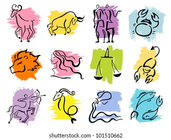 Horoscope Zodiac Star signs. Illustrations of twelve