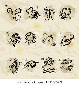 Horoscope Zodiac Star signs. Illustrations of twelve.