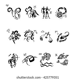 Horoscope Zodiac Star signs. Illustrations of twelve