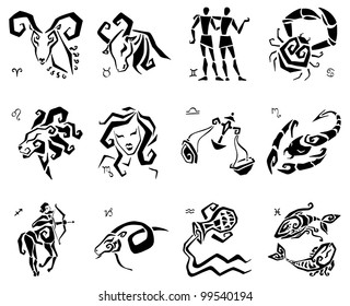 Horoscope Zodiac Star signs. Illustrations of twelve. Vector set.